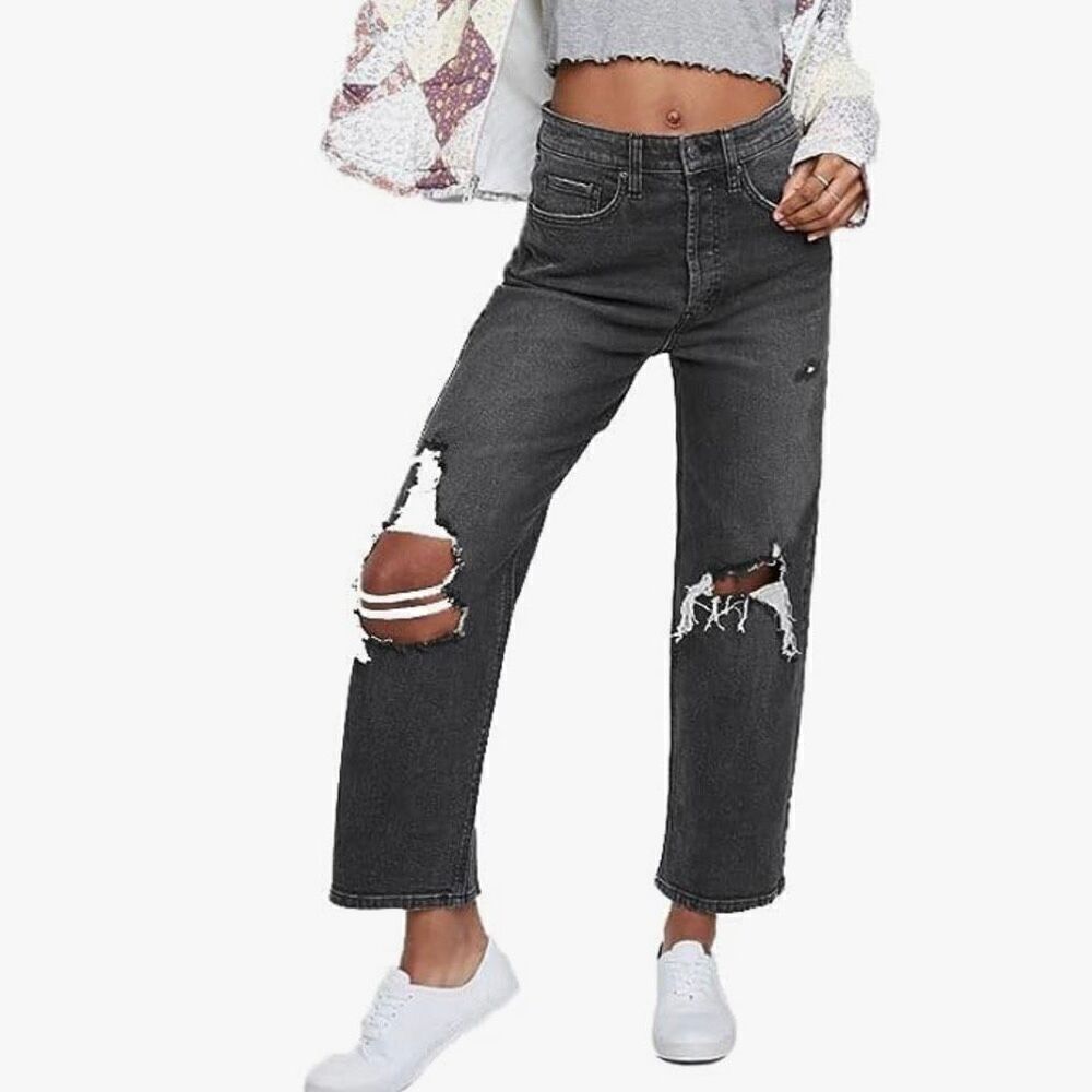 Wild Fable Grey Distressed Denim Highest Rise Straight Leg Jeans Size 10